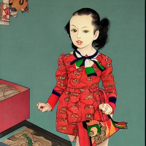 Image similar to little girl wearing an gucci's outfit. art made by hirohiko araki, inspired by balthus, highly detailed, realistic,