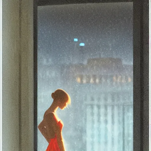 Prompt: silhouette of a Elle Fanning gazing out her hotel window at the rain, extremely detailed masterpiece, oil on canvas, in the world of Blade Runner 2049, low-key neon lighting, artstation, by J. C. Leyendecker and Peter Paul Rubens,