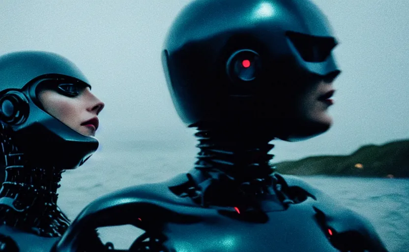 Image similar to cinestill 5 0 d candid action photographic portrait by christopher nolan of two loving female androids wearing rugged black mesh techwear in treacherous waters, extreme closeup, modern cyberpunk retrofuturism moody emotional cinematic, pouring iridescent rain, 8 k, hd, high resolution, 3 5 mm, f / 3 2, motion blur, ultra realistic faces, ex machina