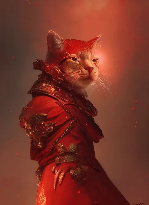 Image similar to side profile of a cat king wearing a crown and red robes, fantasy, digital painting, volumetric light, intricate, sharp, focus, bloom, illustration, highly detailed, concept art, matte, ruan jia, randy vargas, greg rutkowski