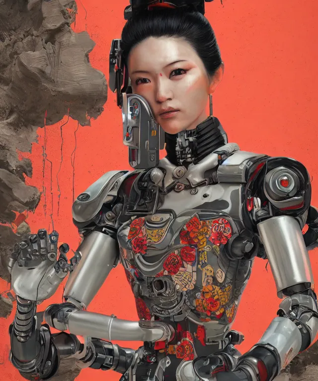 Image similar to an epic fantastic realism comic book style portrait painting of a japanese robotic geisha with kanji tattoos and decals, apex legends, octane render, intricate detail, 4 k hd, unreal engine 5, ex machina, irobot