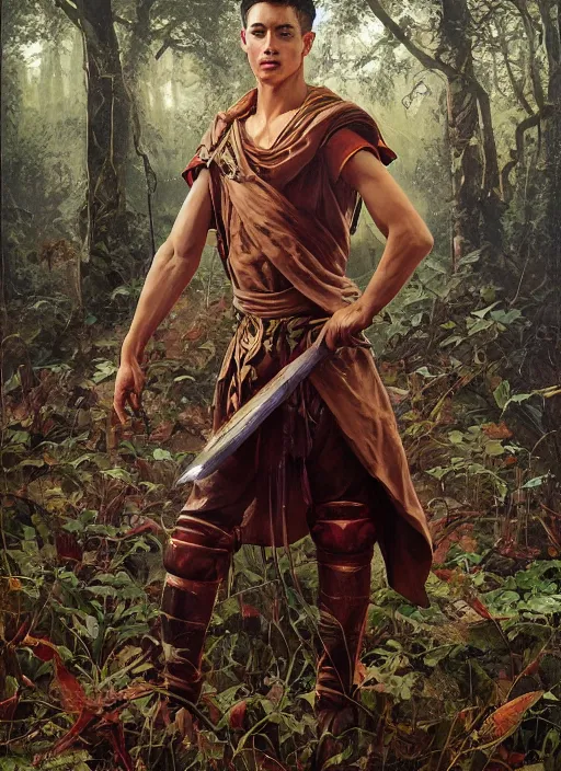 Prompt: a portrait painting of a male monk fighter wearing leather armor on a beautiful lush forest meadow, morning, art by Tristan Eaton, Stanley Artgerm, Tom Bagshaw, Greg Rutkowski, Carne Griffiths