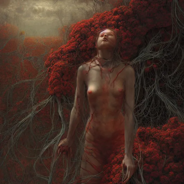 Image similar to A woman wearing clothes made out of thunder clouds and flowers, people floating in the sky, apocalypse, red skin, Masterpiece, glowing, wires everywhere, by Edgar Maxence and Ross Tran, Zdzisław Beksiński, and Michael Whelan, distant, gustav dore, H.R. Giger, 8k, octane render