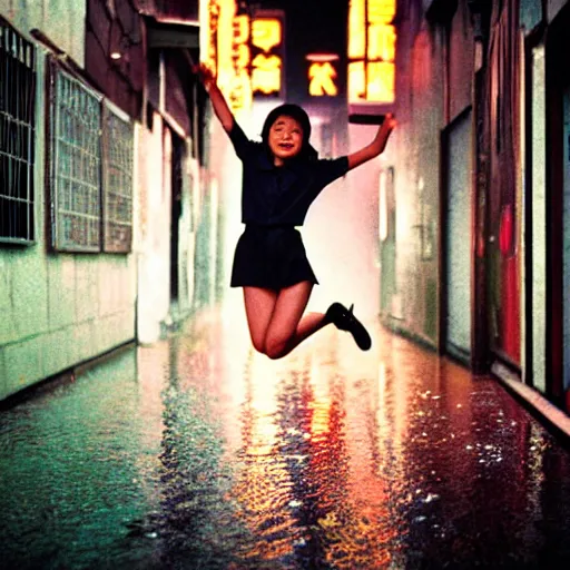 Image similar to 1990s perfect 8K HD professional cinematic photo of close-up japanese schoolgirl jumping in dystopian alleyway with neon signs, at evening during rain, at instagram, Behance, Adobe Lightroom, with instagram filters, depth of field, taken with polaroid kodak portra