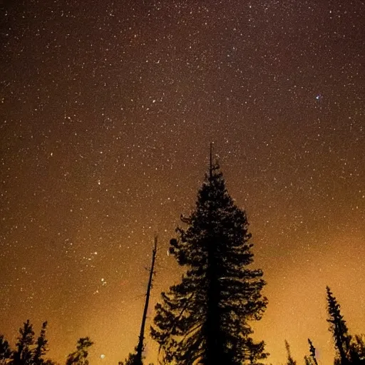 Prompt: Pine trees, night sky, radio telescope, unknown mysteries, unknown signals from outer space