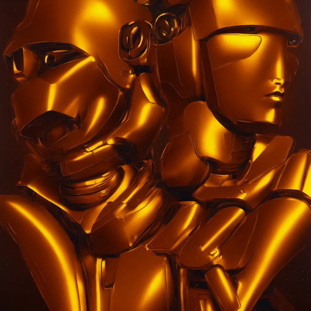 Image similar to cinematic bust portrait of psychedelic god robot from left, head and chest only, robotic improvements, part of Moebius, part of maxfield parrish, part of Thomas Ehretsmann,, oil on canvas, masterpiece, trending on artstation, cinematic composition, dramatic pose, beautiful lighting, sharp, details, hyper-detailed, volumetric lighting 4K