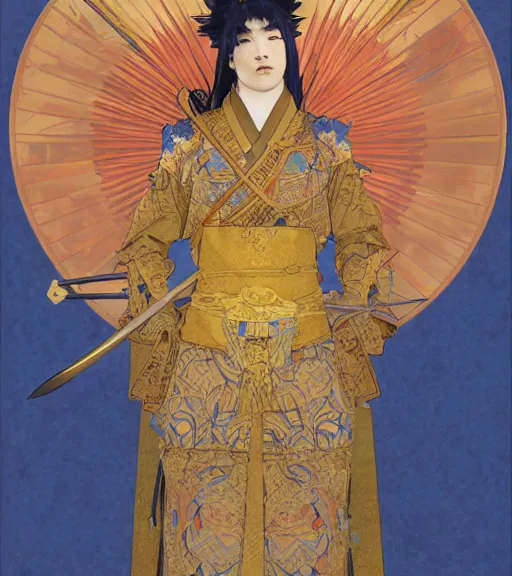 Image similar to JOJI as a celestial Japanese warrior wearing royal blue and gold armor, elegant suit, holding a mecha flaming katana, portrait art by alphonse mucha and greg rutkowski, highly detailed, digital painting, concept art, illustration, dim lighting with twilight rays of red Japanese empirical flag, trending on artstation, very detailed, smooth, sharp focus, octane render, close up