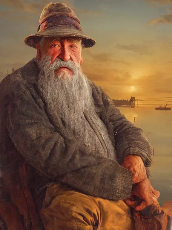 Image similar to realistic renderings portrait of very old fisher man portrait with a hat, wearing a fisher 🧥, colored wears, ( ( ( ( ( a bird in the sky ) ) ) ) ) port scene background, astonishing scenes, detailed, photorealism, volumetric lighting, autumn lights colors, ultra detailed