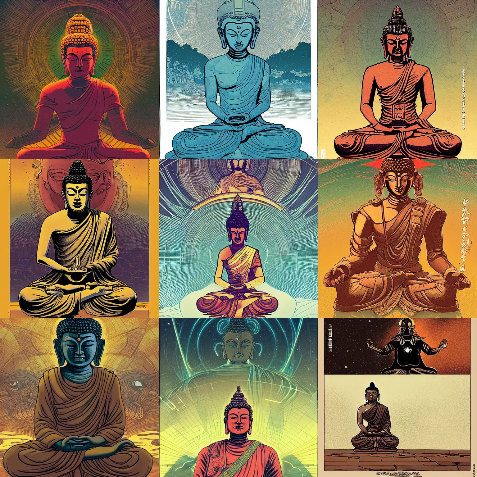 Prompt: badass buddha with a spartan helmet meditating, by borderlands and by feng zhu and loish and laurie greasley, victo ngai, andreas rocha, john harris