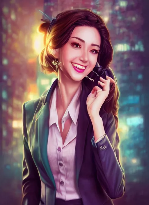 Image similar to beautiful, secretary woman, extremely detailed gorgeous face, looks realistic, hyper-detailed portrait, happy smile, vaporwave aesthetic, synthwave, magical, fantasy, ninchaku , artist Artgerm i and WLOP