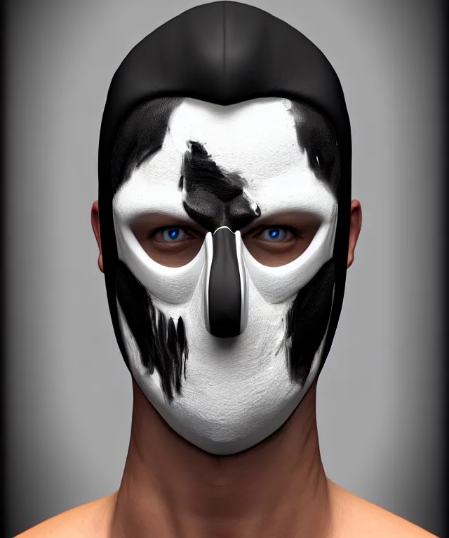 Prompt: white man with black fabric mask, short dark hair, highly detailed face!!!, true anatomy!, extremely detailed!, digital painting, unreal engine 5, art by alberto mielgo