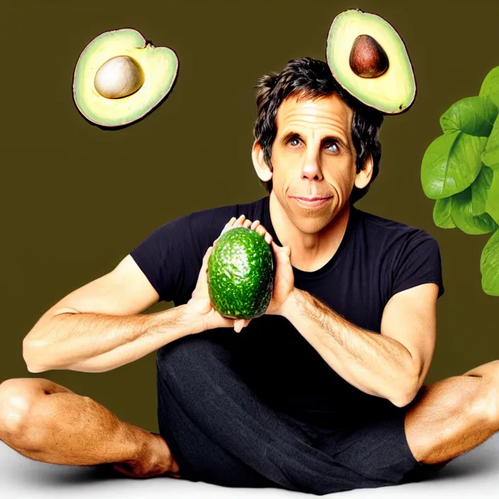 Prompt: ben stiller in the lotus position balancing stack of avocado on his head