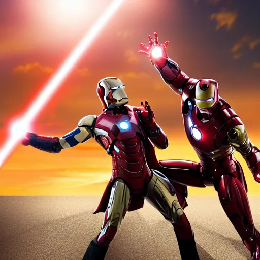 Prompt: iron man and captain america fighting with light sabers, 4k, ultra detailed