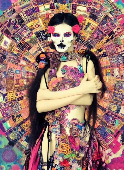 Prompt: cute punk goth fashion hippy fractal Día de los Muertos android girl wearing kimono made of circits posing by Zhang Jingna, psychedelic dada collage by Hannah Höch Käthe Köllwitz Victor Moscoso Rick Griffin Alphonse Mucha Gustav Klimt Ayami Kojima Amano Charlie Bowater, masterpiece