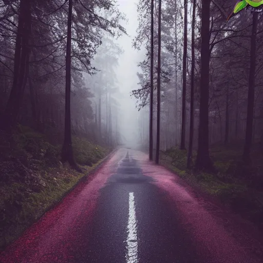 Image similar to drone fottage of an old road in the forest lomography photo, playstation 5 screenshot, fine details, rain, rtx reflections, fog, night, photorealistic, unreal engine, octane render, volumetric light, featured on cg society, 4 k, 5 0 mm bokeh