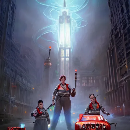 Prompt: ghostbusters, highly detailed, d & d, fantasy, hyper detailed, digital painting, trending on artstation, apollo, concept art, sharp focus, illustration, art by artgerm and magali villeneuve and greg rutkowski and michael whelan, cryengine, 8 k realistic atmospheric lighting, frostbite 3 engine, w 1 0 2 4