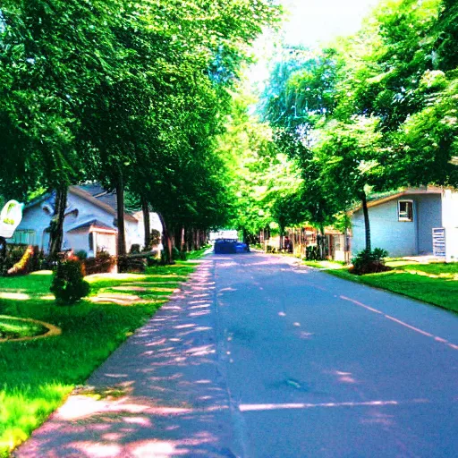 Image similar to a photograph of a suburban street during summer, 2 0 0 6, taken with a disposable camera