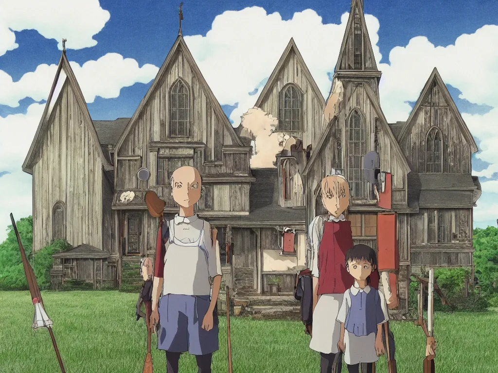 Image similar to american gothic in detailed studio ghibli anime style