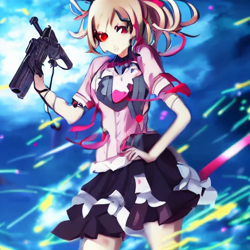 Image similar to an anime mahou shoujo with a huge gun, explosions in the background, anime action film, exquisite line art, Depth of field, high fidelity, smooth rendering, 4k, hd, Professional anime artist