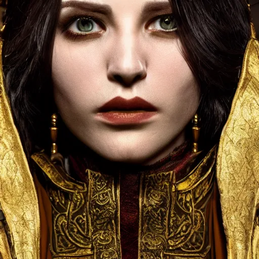 Prompt: the elder scrolls vi, majestic, gracious regal brunette aristocratic female imperial vampire portrait, mysterious, mysterious atmospheric lighting, painted, intricate, volumetric lighting, beautiful, rich deep colours masterpiece, golden hour, golden ratio, sharp focus, ultra detailed, by mark kent, jordan lamarre - wan, igor kieryluk, maxim verehin, miranda meeks