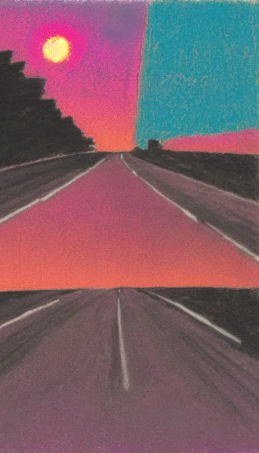 Image similar to polaroid of a 1 9 6 3 red cadillac convertible in the distance driving down empty highway into a pink sunrise, oil pastel, high detail, realistic, vintage