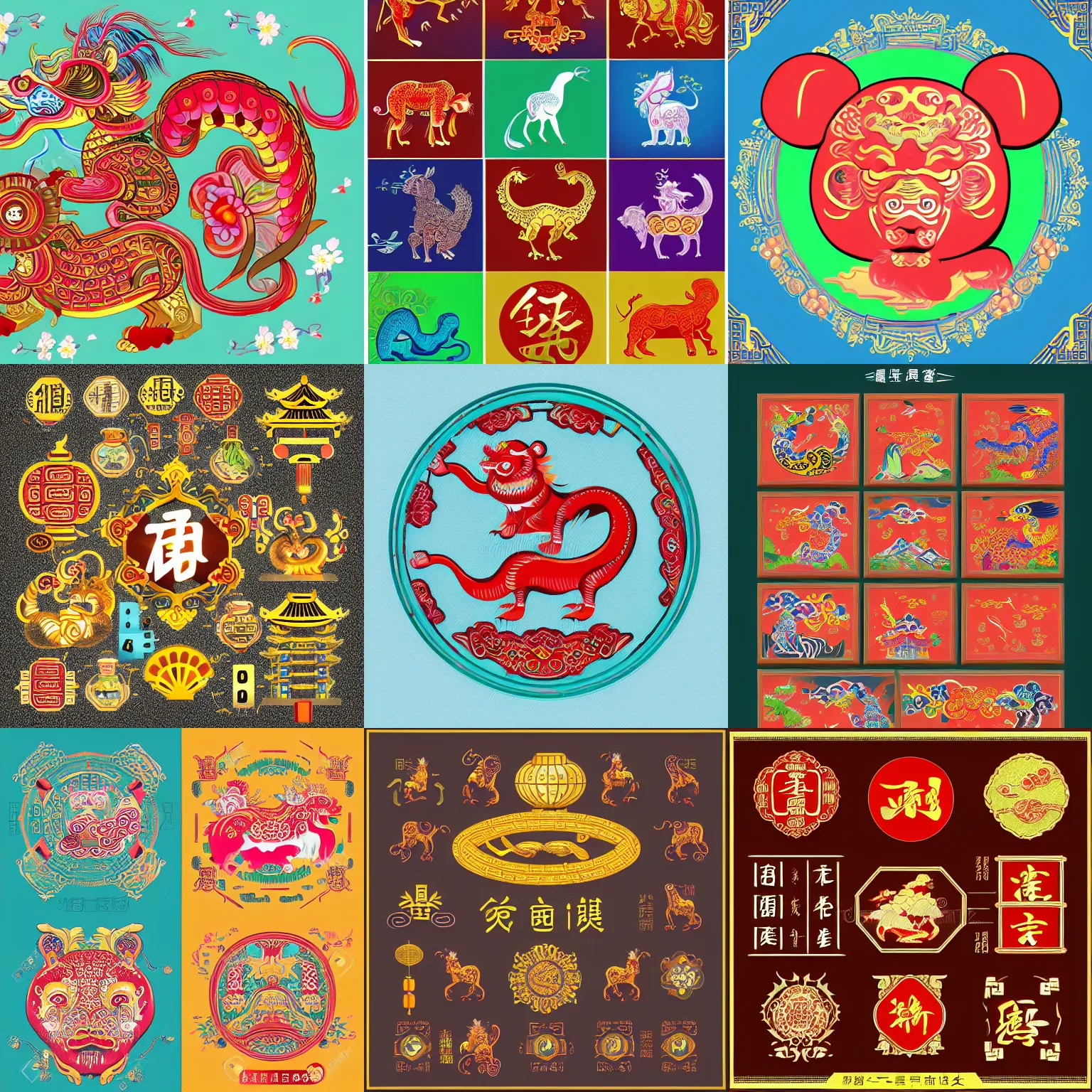 Image similar to traditional chinese, illustrator element fancy shining color, sharp focus, super resolution, the chinese zodiac, high quality