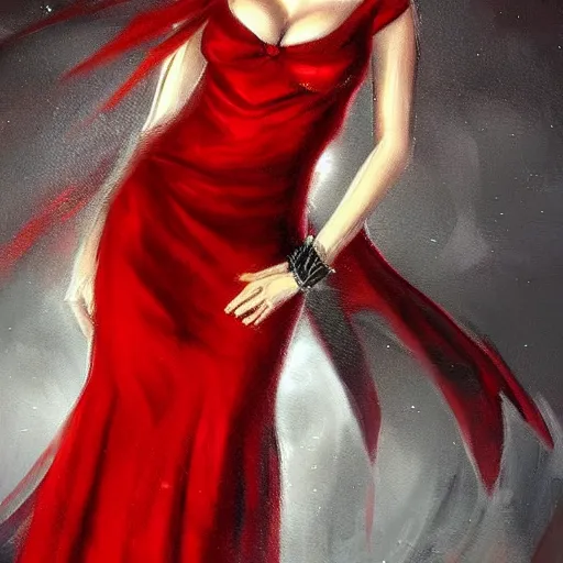 Prompt: a painting of a woman in a red dress, concept art by anne stokes, polycount contest winner, fantasy art, wiccan, concept art, tarot card