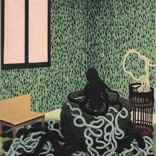 Image similar to a female pathology student in her apartment, wrapped in vines, medical equipment, zen, stepping stones, octopus, pig, black walls, ikebana, black armchair, sculpture, acrylic on canvas, surrealist, by magritte and monet