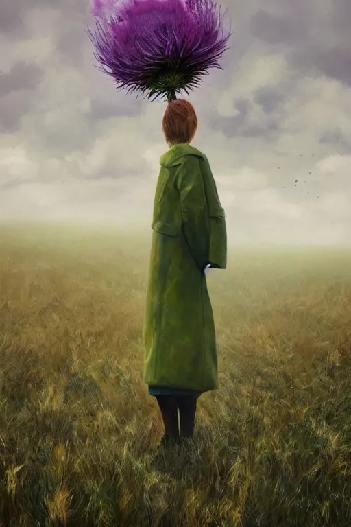 Image similar to portrait, enormous thistle flower under head, a girl in a coat in field, surreal photography, wind, cloudy sky, dramatic light, impressionist painting, digital painting, artstation, simon stalenhag