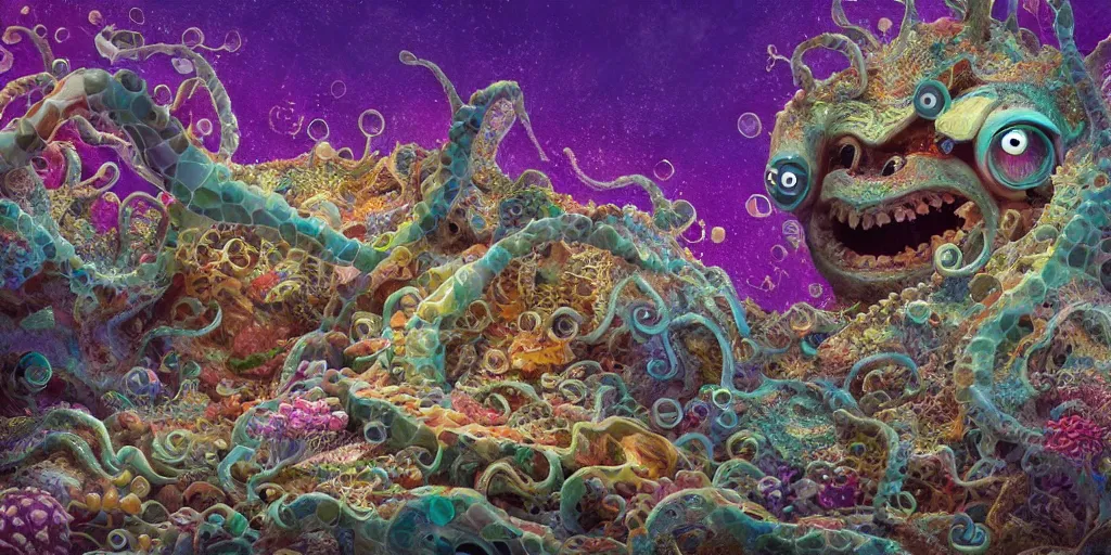 Image similar to of an intricate sea reef with strange cute friendly happy creatures with huge eyes, mouth, long tongue, round teeth and goofy face, appearing from the background, in the style of gehry and gaudi, macro lens, shallow depth of field, ultra detailed, digital painting, trending artstation, concept art, illustration, cinematic lighting, photorealism, epic, octane render