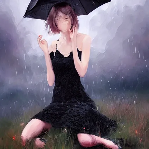 Prompt: a girl wearing a black lace dress and thigh highs sat on a hill during a rainstorm, digital art, beautiful face, expressive oil painting, by conrad roset, by yoshitaka amano, by artgerm, volumetrics, mood