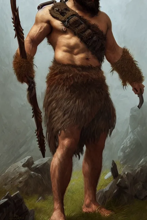 Image similar to full body portrait of a gruff ranger with a spear, lean and toned, handsome face, hairy chest and hairy body, D&D, intricate, elegant, highly detailed, digital painting, artstation, concept art, matte, sharp focus, illustration, art by Artgerm and Greg Rutkowski and Alphonse Mucha