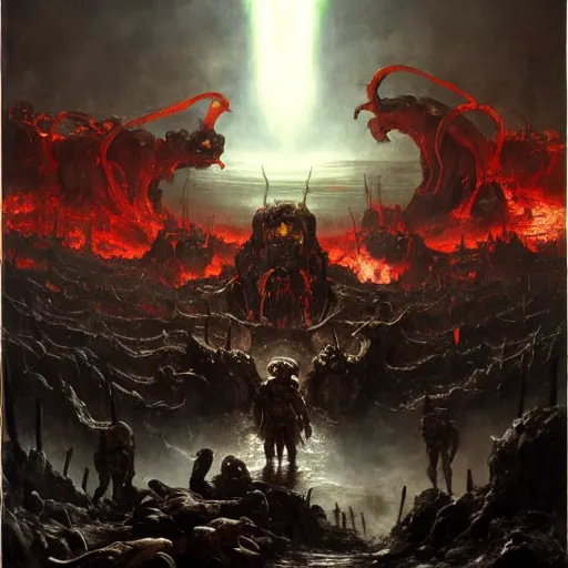 Image similar to doom eternal concept art by brueghel, epic movie still frame of hell by jakub rozalski, garden of eternal delights hell by hieronymus bosh