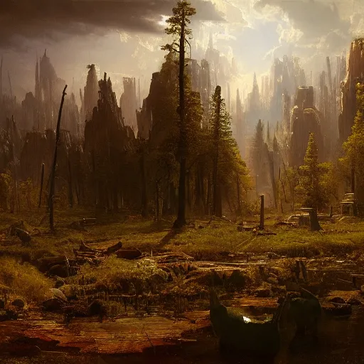 Image similar to painting of a post - apocaliptic wonderland by albert bierstadt, matte painting, unreal engine, 8 k resolution, beautiful, dark ambient