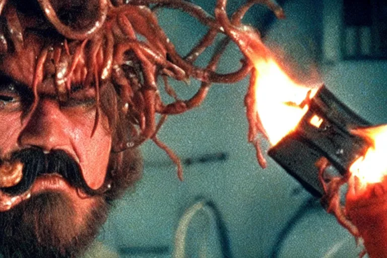 Prompt: scary filmic closeup color ground level angle movie still 35mm film color photograph of Kurt Russel with a beard and mustache burning an abstract alien organism from The Thing 1982 with a flamethrower, in the style of a horror film