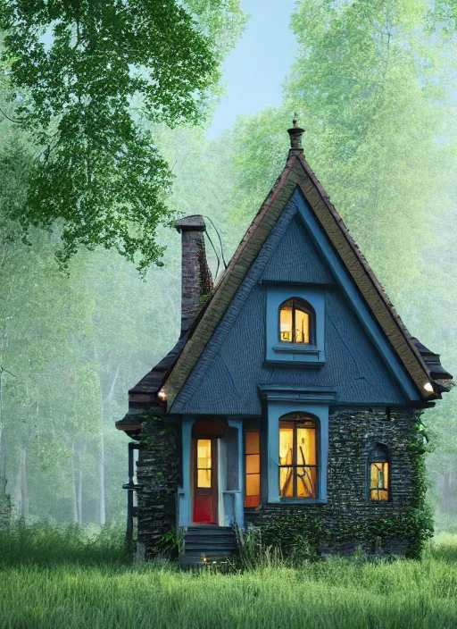 Image similar to hyper realistic homely ornate modern witch cottage far awqyb in the woods gorgeous lighting, blue sky, highly detailed, lush forest architectural render, octane render, ue 5 raytraced