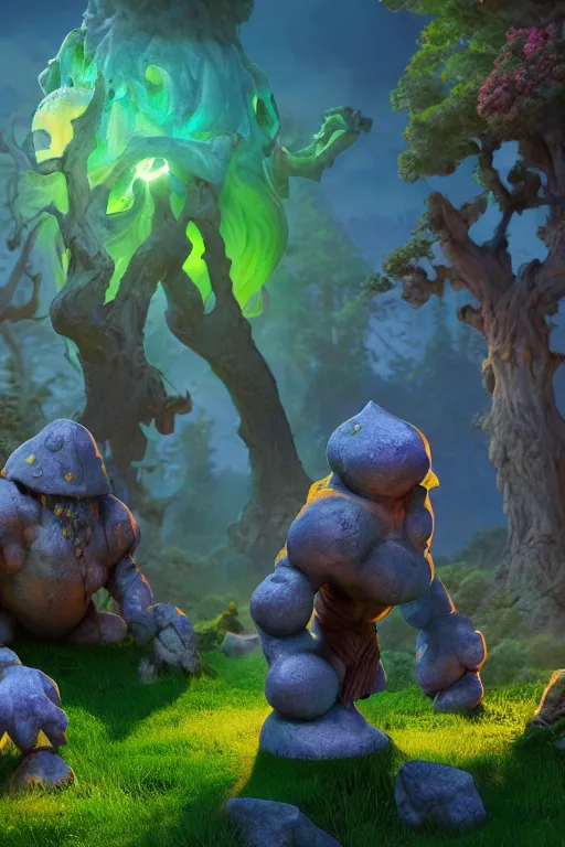 Image similar to arcane fantasy art giant golem elemental wood rock bastion forged gemstone enchanted forest troll, global illumination ray tracing hdr fanart arstation by sung choi and eric pfeiffer and gabriel garza and casper konefal lisa frank zbrush central hardmesh