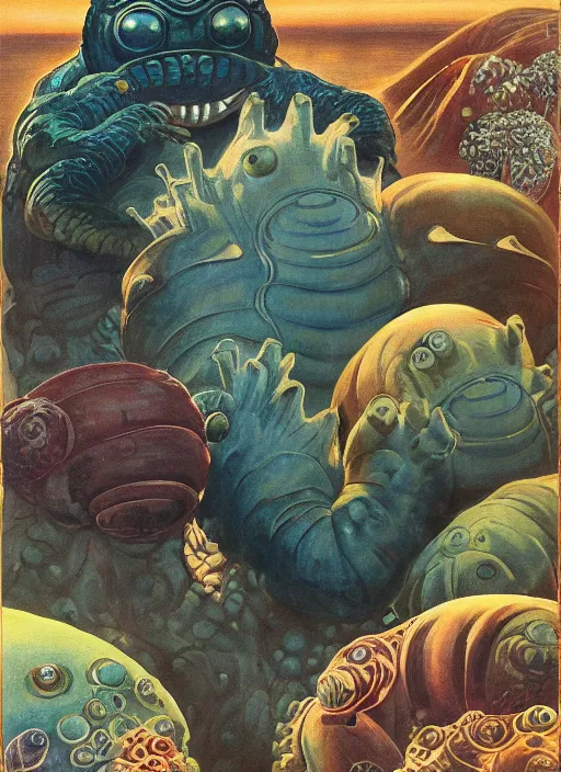 Image similar to a giant tardigrade kaiju retro japanese monster slimy, oil painting, 7 0 s vintage art, by georgia o keeffe, by kay nielsen, by gustave dore, by frank frazetta, nausicaa