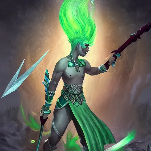 Prompt: a d&d triton with green hair, wielding a staff with a glowing crystal, wearing studded leather armor, male, dungeons and dragons character, standing beside the ocean, digital art