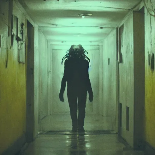 Image similar to A cinematic horror film still of a grotesque monster in a maze of yellow dimly lit hallways.