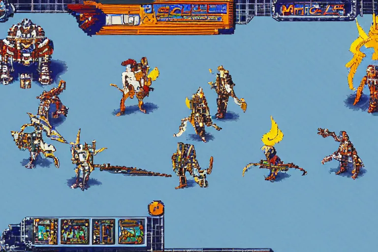 Prompt: pixel art scifi mecha divine fantasy steppe - themed hungarian slavic floral jrpg ps 1 turn - based battle sequence combat epic gameplay screenshot dynamic action scene, in the style of final fantasy, star ocean, resonance of fate