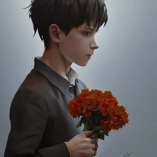 Prompt: Clothed,worksafe.at CGSociety by WLOP,ilya kuvshinov,krenz cushart,Greg Rutkowski,trending on artstation.Zbrush sculpt colored,Octane render in Maya,Houdini VFX.A boy who fall in love, holding flowers bouquet.Cinematic dramatic atmosphere,sharp focus,soft volumetric studio lighting.