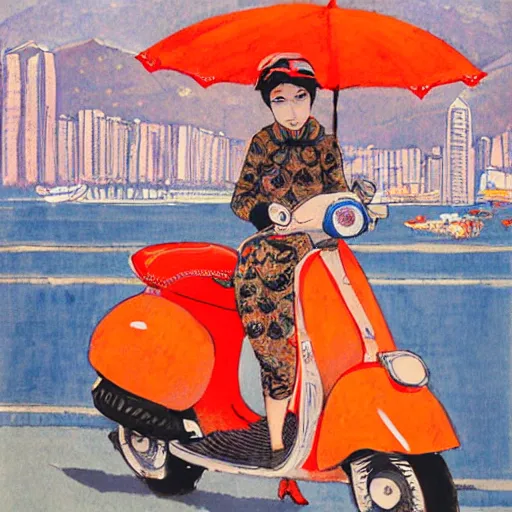 Image similar to the orange - haired vespa queen in hong kong, by amiet kuno