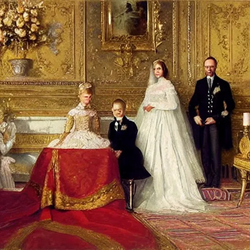 Image similar to painting of a royal wedding by Laurits Tuxen, highly detailed, fancy, high quality, oil painting, cinematic