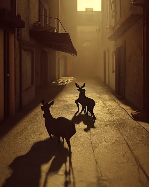 Prompt: artstation scifi scene of two deer long shadow, in a shabby town narrow alley, dim lights, long shadows, summer unreal engine 5, hyper realism, realistic shading, cinematic composition, blender render, octane render, hdr, detailed textures, photorealistic, wide shot