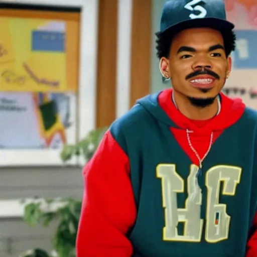 Image similar to a tv still of Chance The Rapper starring as a black college student at Jones College Prep in a 1993 sitcom