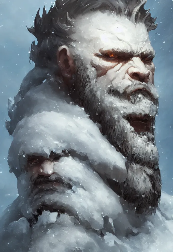 Prompt: portrait of an ice giant, face made of ice and snow, beard, concept art in style of Greg Rutkowski, John Singer Sargant, painted by Frazetta, trending on artstation