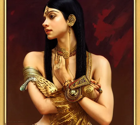 Image similar to photography of sensual cleopatra with hands - up, deep focus, intricate, elegant, highly detailed, digital painting, artstation, concept art, matte, sharp focus, illustration, art by artgerm and greg rutkowski and alphonse mucha and gil elvgren