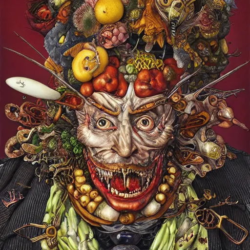 Image similar to portrait of crazy giuseppe arcimboldo, symmetrical, by yoichi hatakenaka, masamune shirow, josan gonzales and dan mumford, ayami kojima, takato yamamoto, barclay shaw, karol bak, yukito kishiro