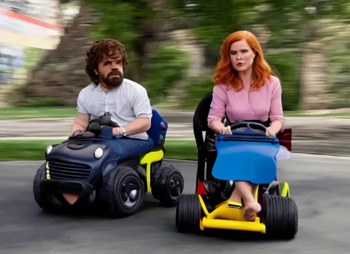 Image similar to peter dinklage and amy adams driving a little tikes cozy coupe, movie still, from the new fast and furious tokyo drift movie, 8 k, realistic